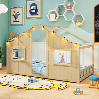 Goflame Twin Kids House Bed with Light Bulbs Wooden Montessori Floor Bed Frame with Roof & Windows