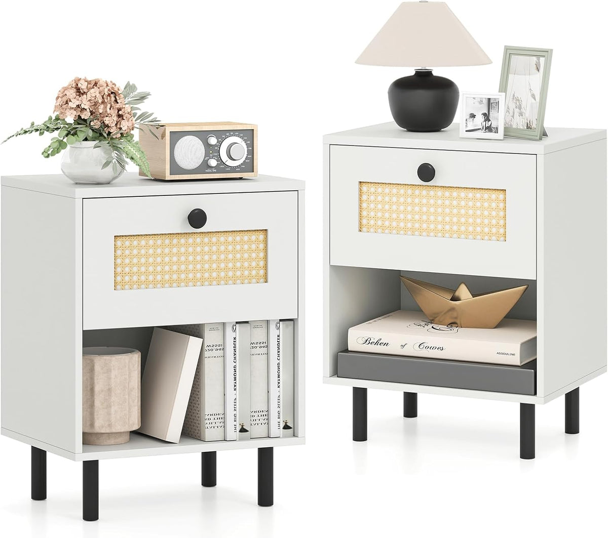 Goflame Rattan Nightstand Boho End Table with Rattan Drawer and Open Shelf