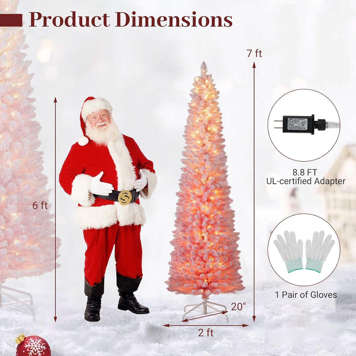 Goflame 6ft / 7ft Pink Slim Pencil Christmas Tree | Pre-lit Snow Flocked Artificial Skinny Xmas Tree