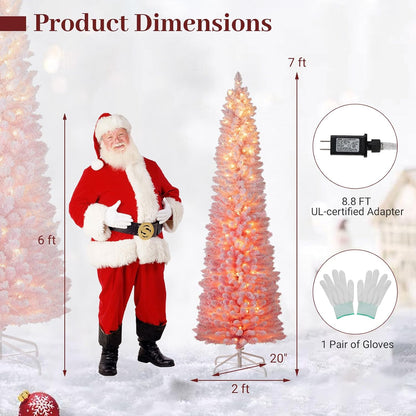 Goflame 6ft / 7ft Pink Slim Pencil Christmas Tree | Pre-lit Snow Flocked Artificial Skinny Xmas Tree