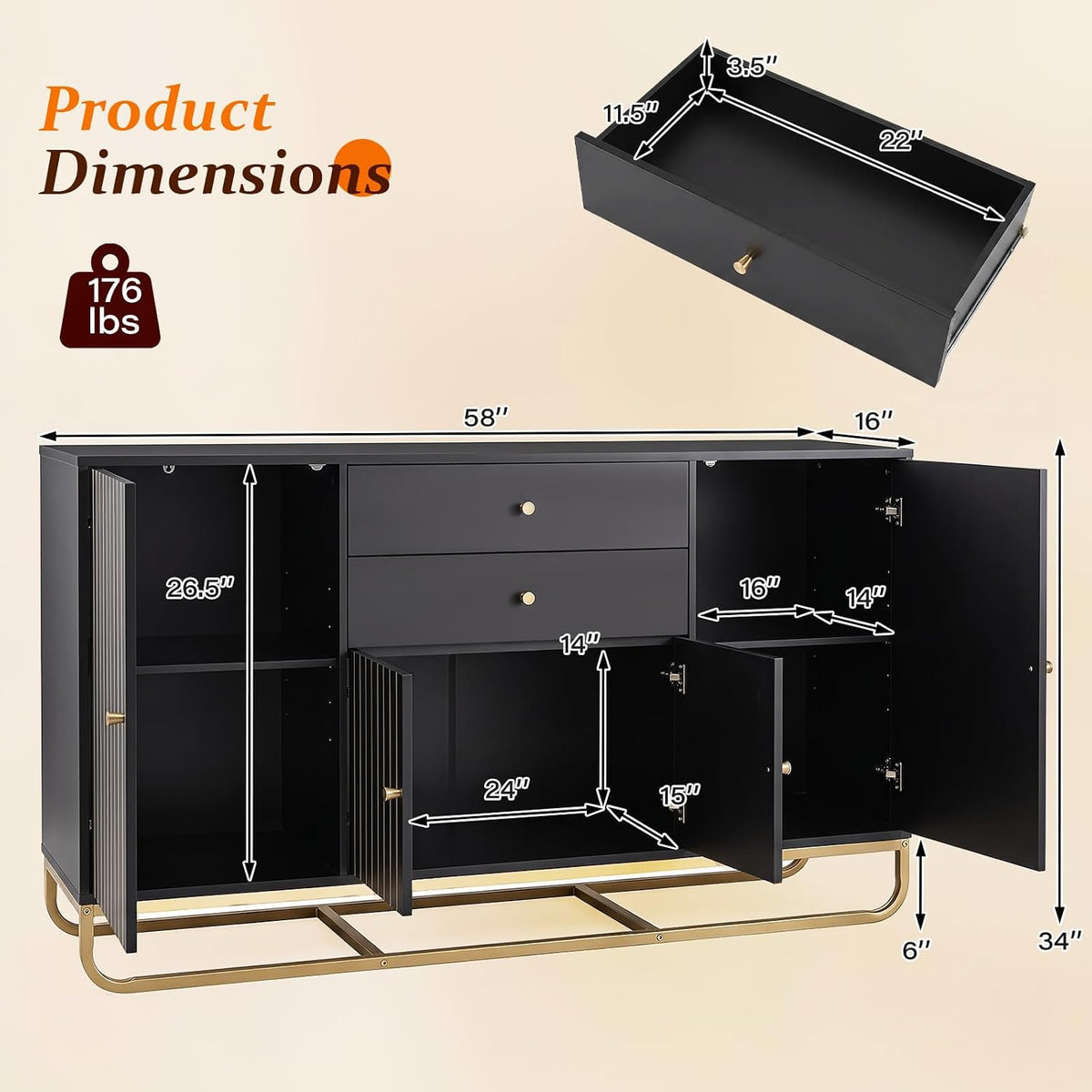 Goflame Modern Sideboard Buffet Cabinet with Storage & 2 Drawers| Coffee Bar Cabinet w/ Geometric Design