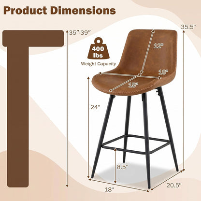 Goflame 24 Inch Faux Leather Upholstered Bar Stools Set of 2 | Counter Height Barstool with Backs & Footrests