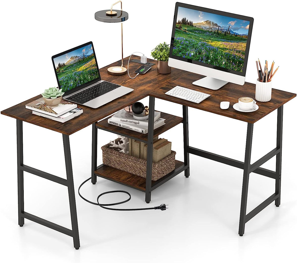 Goflame L Shaped Desk with Power Outlets & USB Ports, 48" Corner Gaming Desk with 2 Tier Storage Shelves