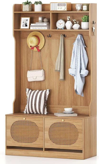 Goflame 4-In-1 Hall Tree Entryway Bench with Coat Rack & Flip Drawers