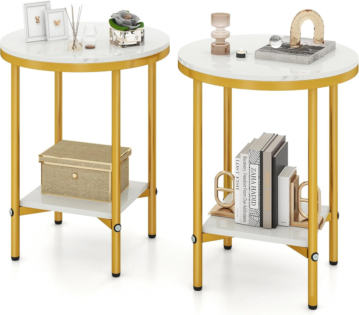 Goflame Round Side Table 2-Tier Faux Marble Sofa Side Coffee Table w/Gold Frame & Open Shelf