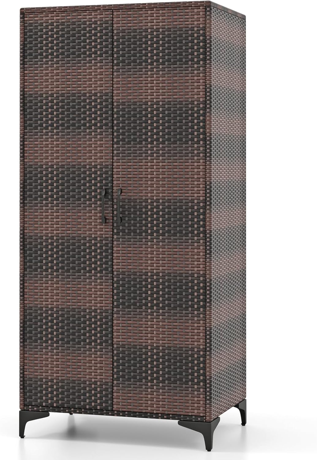 Goflame Wicker Storage Cabinet, 62” Tall Pantry Cabinet with 2 Doors, Hanging Rod, 4 Storage Cubes
