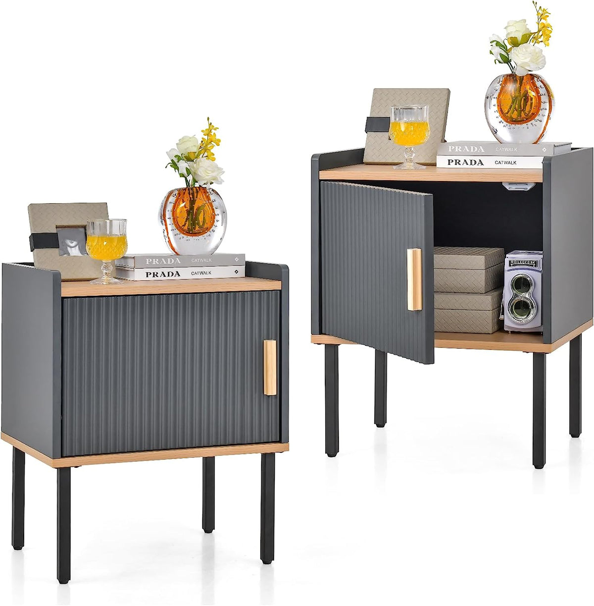 Goflame Nightstand with Storage, Bedside Table with Single Door Cabinet, Small Space, Gray