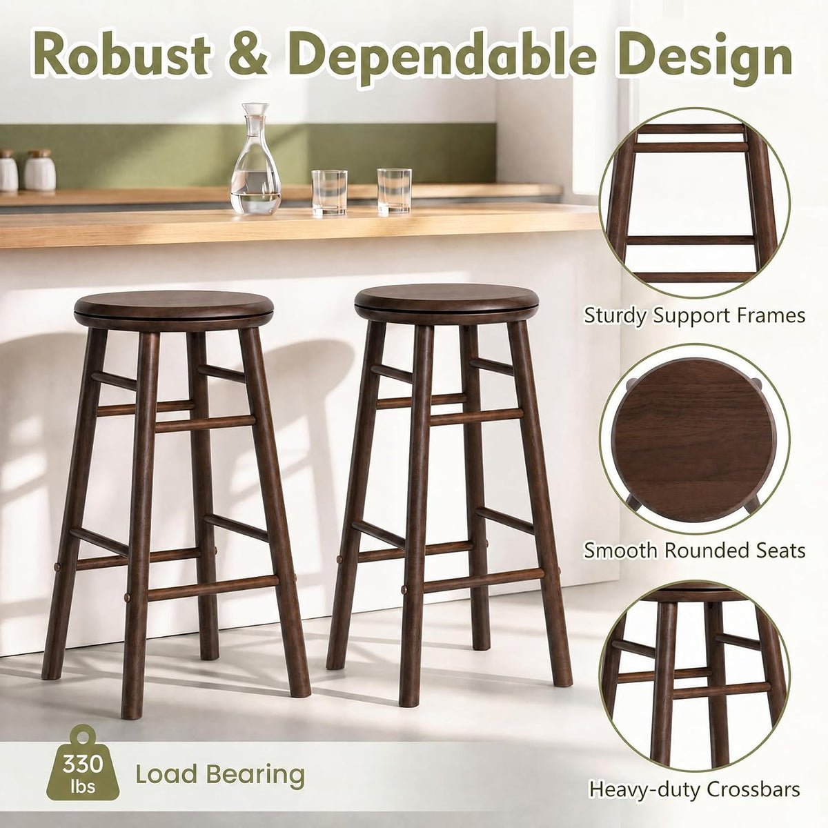 Goflame 24 Inch Swivel Bar Stools Set of 2, Rubber Wood, Walnut | Round Bar Chairs w/Backless Design