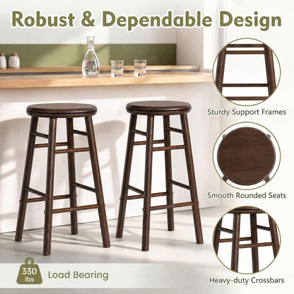Goflame 24 Inch Swivel Bar Stools Set of 2, Rubber Wood, Walnut | Round Bar Chairs w/Backless Design