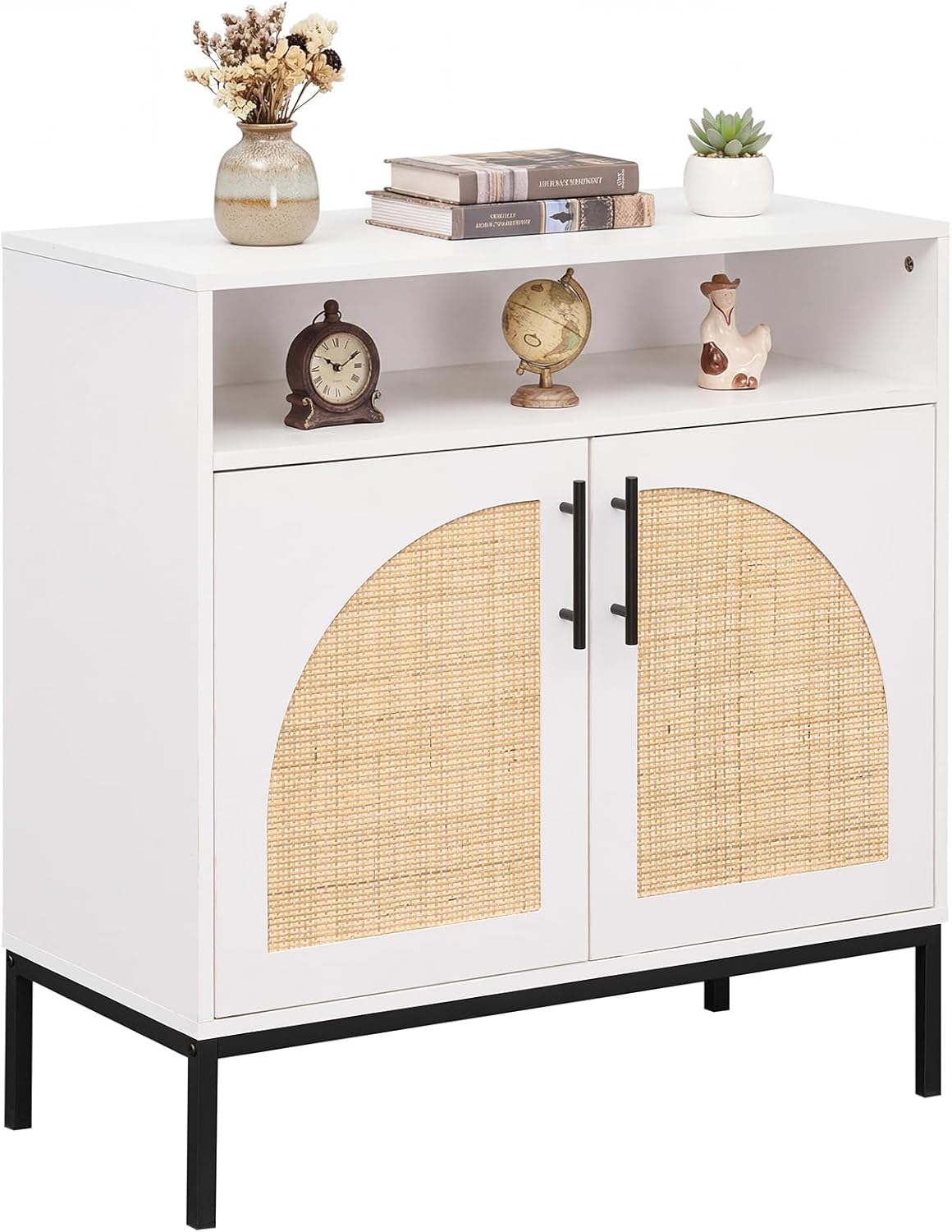 Goflame 32" Sideboard Buffet Cabinet with 2 Natural Rattan Decorated Doors (1/2)