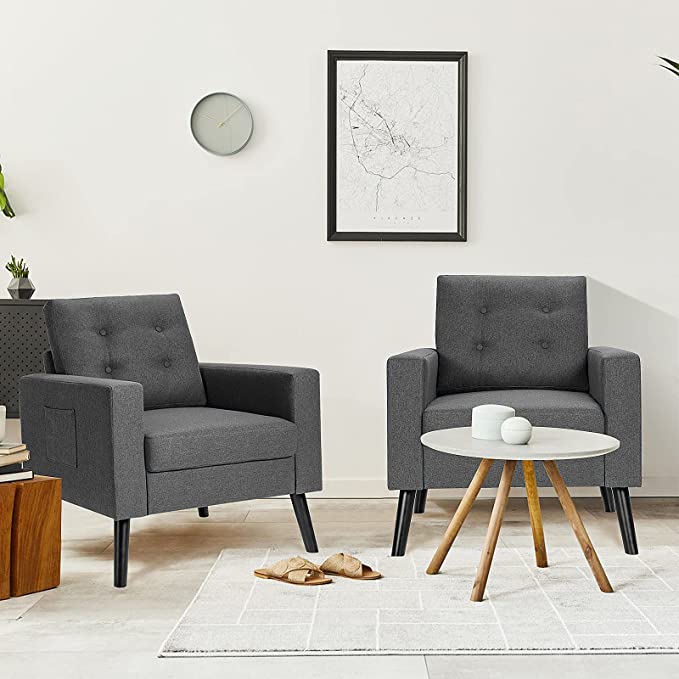 Linen Fabric Armchairs with Side Pockets and Wood Legs, Set of 2 - Goflame