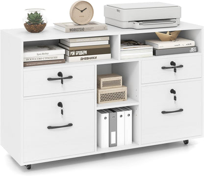 Goflame 4-Drawer Lateral File Cabinet with Lock & 5 Rolling Wheels (2 Lockable)