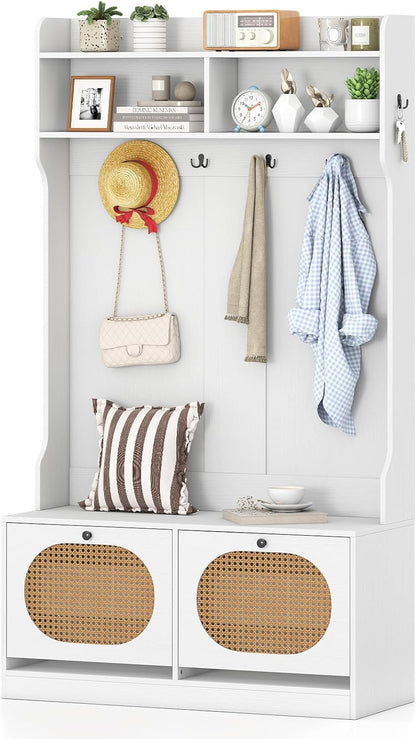 Goflame 4-In-1 Hall Tree Entryway Bench with Coat Rack & Flip Drawers