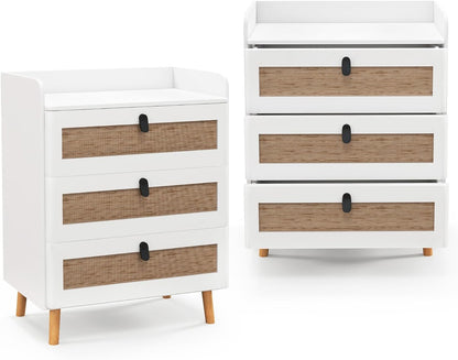 Goflame Rattan Nightstand, Boho 2/3-Drawer Dresser with 4 Solid Wood Legs