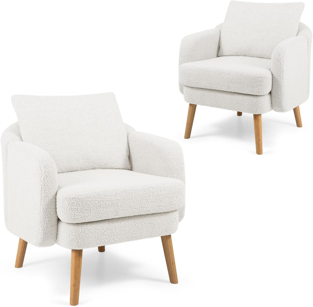 Goflame Sherpa Accent Chair, Modern Upholstered Single Sofa Chair with Back Pillow & Solid Rubber Wood Legs
