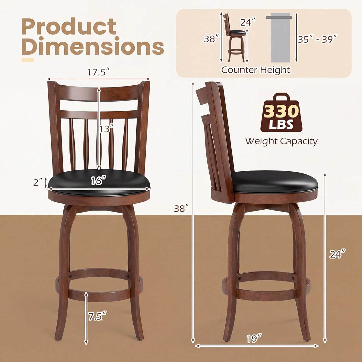 Goflame Swivel Bar Stools Set of 2, 24 Inch Counter Height Barstools | 360° Rotating Bar Chairs w/Footrest