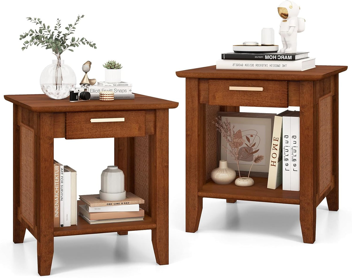 Goflame Rattan Nightstand with Drawer, Mid Century End Table with Storage Shelf, Sofa Side Table with Solid Rubber Wood Legs