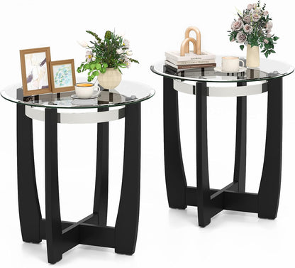 Goflame Round Glass End Table - 24’’ Side Table with Tempered Glass Top