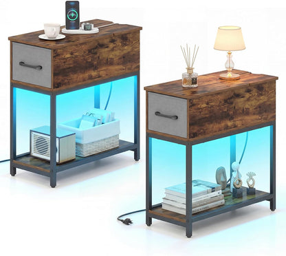 Goflame Narrow Side Table with Charging Station and LED Lights Industrial End Table