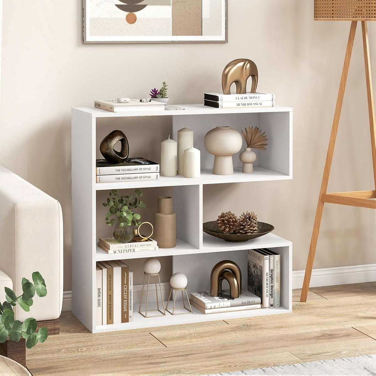 Goflame 3-Tier Bookshelf, Wooden Concave Bookcase for Small Space | Modern Freestanding Display Storage Shelves
