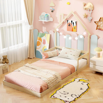 Goflame Twin Floor Bed for Kids, Wood Montessori Floor Bed with Chimney Headboard & Handrail