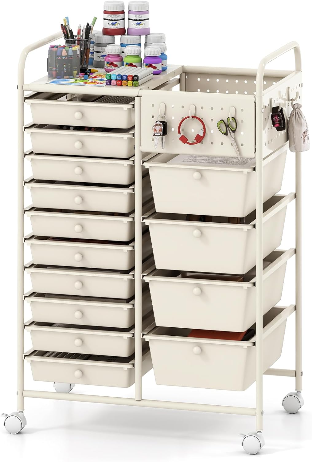 Goflame 14 Drawer Storage Cart | Rolling Craft Cart with Metal Tabletop & Pegboard