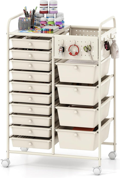 Goflame 14 Drawer Storage Cart | Rolling Craft Cart with Metal Tabletop & Pegboard