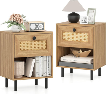 Goflame Rattan Nightstand Boho End Table with Rattan Drawer and Open Shelf