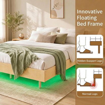 Goflame Wood Floating Bed Frame Queen Size with Smart LED Light, Natural | Modern Platform Bed w/Heavy Duty Mattress Foundation
