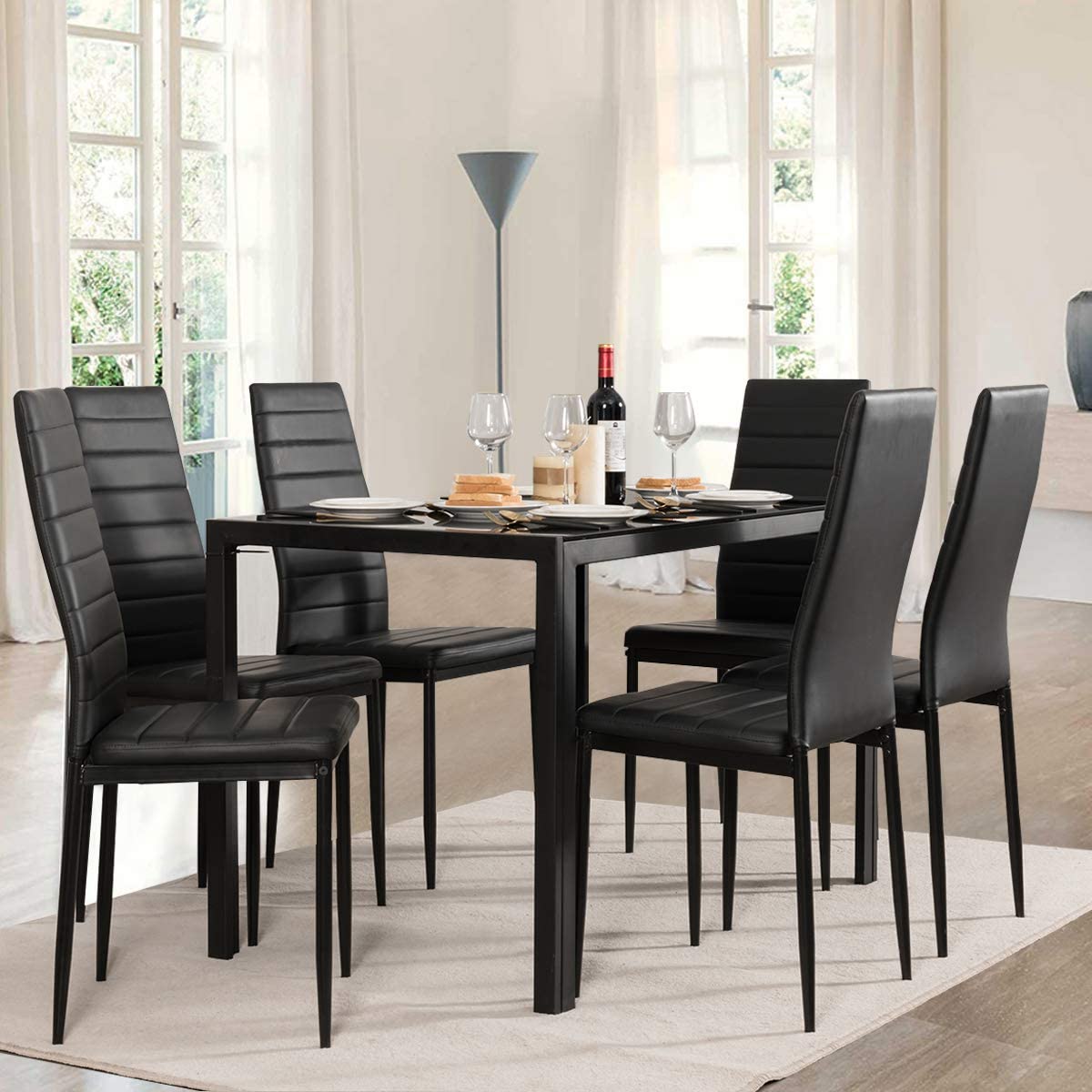 Goflame Kitchen Dining Table Set, Glass Tabletop Dining Room Set with Leather Padded 6 Chairs, Black