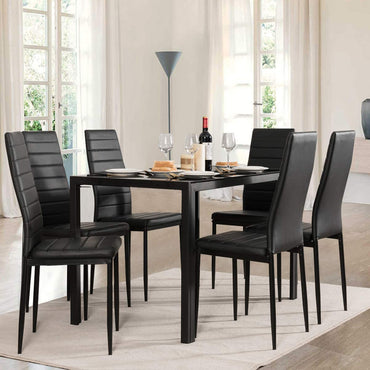 Goflame Kitchen Dining Table Set, Glass Tabletop Dining Room Set with Leather Padded 6 Chairs, Black
