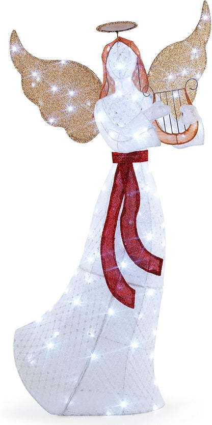 Goflame 5 FT Christmas Lighted Angel, Pre-Lit Winged Holiday Figure Angel with 120 Cold White LED Lights