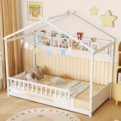 Goflame Twin Floor House Bed with Storage Shelf, Wood Twin Bed Frames with Headboard & Guardrail