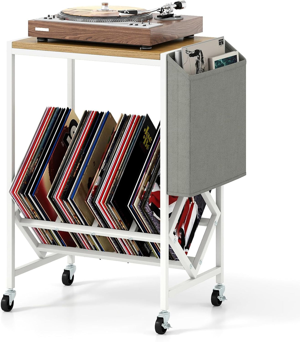 Goflame Rolling Record Player Stand 2-Tier with Vinyl Storage and Magazine Holder Bag