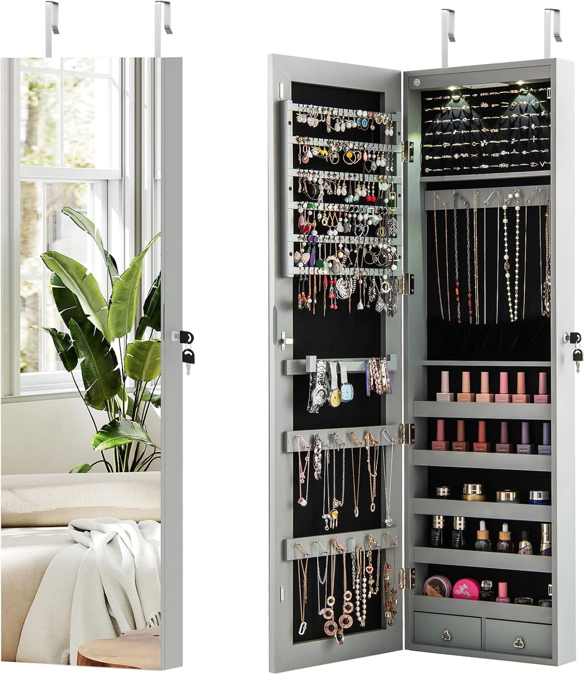 Jewelry Cabinet Wall Door Mounted, 47.5” Frameless Full Length Mirror with Storage & LED Lights