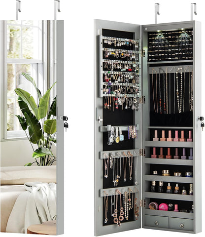 Jewelry Cabinet Wall Door Mounted, 47.5” Frameless Full Length Mirror with Storage & LED Lights