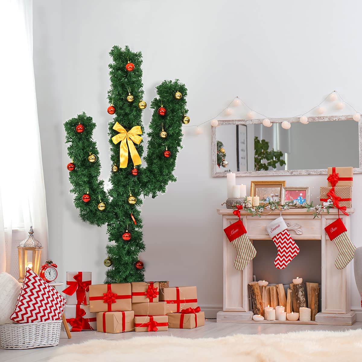 Pre-Lit Artificial Cactus Christmas Tree with LED Lights and Ball Ornaments - Goflame