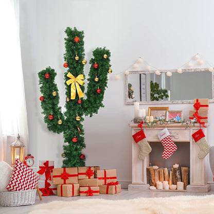 Pre-Lit Artificial Cactus Christmas Tree with LED Lights and Ball Ornaments - Goflame
