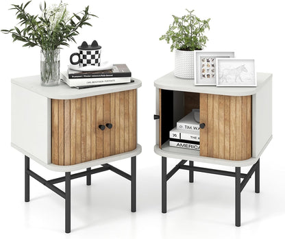 Goflame Mid-Century Modern Nightstand, Wood Bedside Table with Sliding Doors and 4 Metal Legs