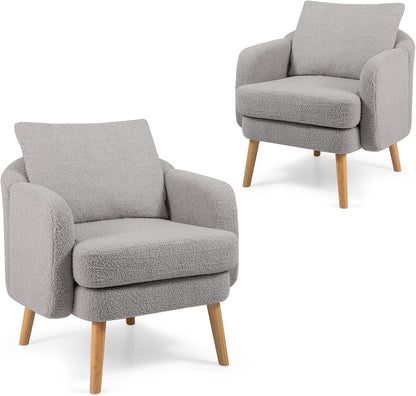 Goflame Sherpa Accent Chair, Modern Upholstered Single Sofa Chair with Back Pillow & Solid Rubber Wood Legs