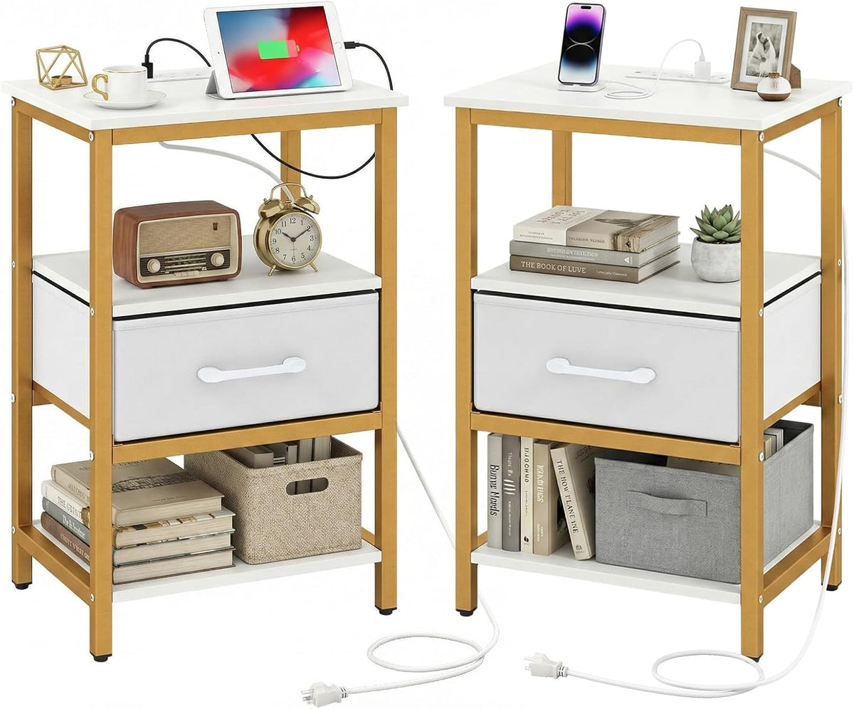 Goflame Nightstand with Charging Station and Adjustable Fabric Drawer for Bedroom and Living Room