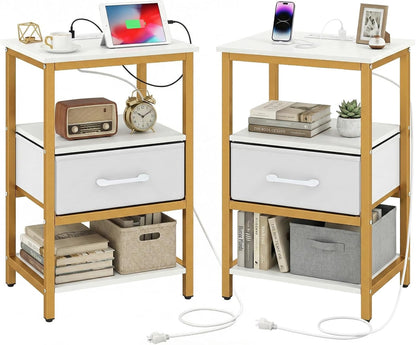 Goflame Nightstand with Charging Station and Adjustable Fabric Drawer for Bedroom and Living Room