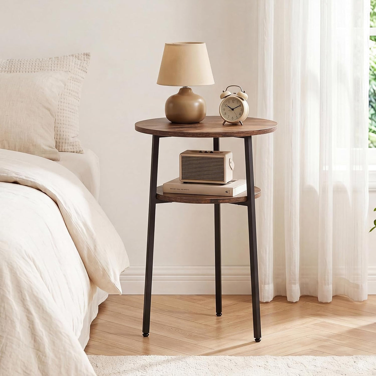 Goflame Round Side Table, 2-Tier End Table w/Metal Frame | Accent Nightstand Bedside Table w/ Storage Shelf for Small Space Sofa Couch Side