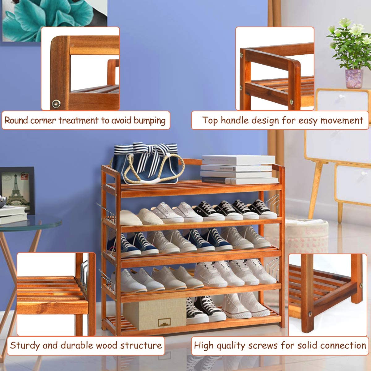 5-Tier Wood Shoe Rack Entryway Shoe Shelf Storage Organizer - Goflame