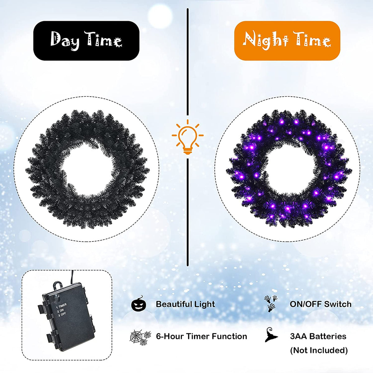 24' Black Halloween Wreath, Pre-lit Artificial Christmas Wreath - GoflameUS