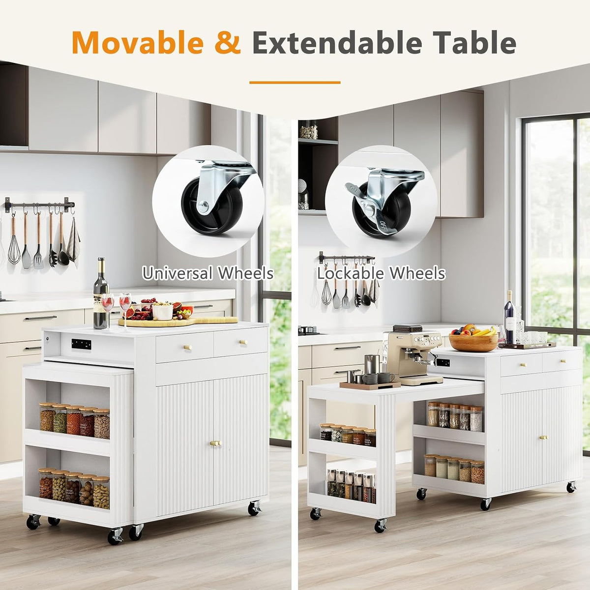 Goflame 72”-44.5” Extendable Kitchen Island with Storage, Power Outlet | Rolling Kitchen Island Table on Wheels w/Fluted Doors