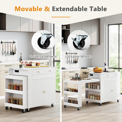 Goflame 72”-44.5” Extendable Kitchen Island with Storage, Power Outlet | Rolling Kitchen Island Table on Wheels w/Fluted Doors