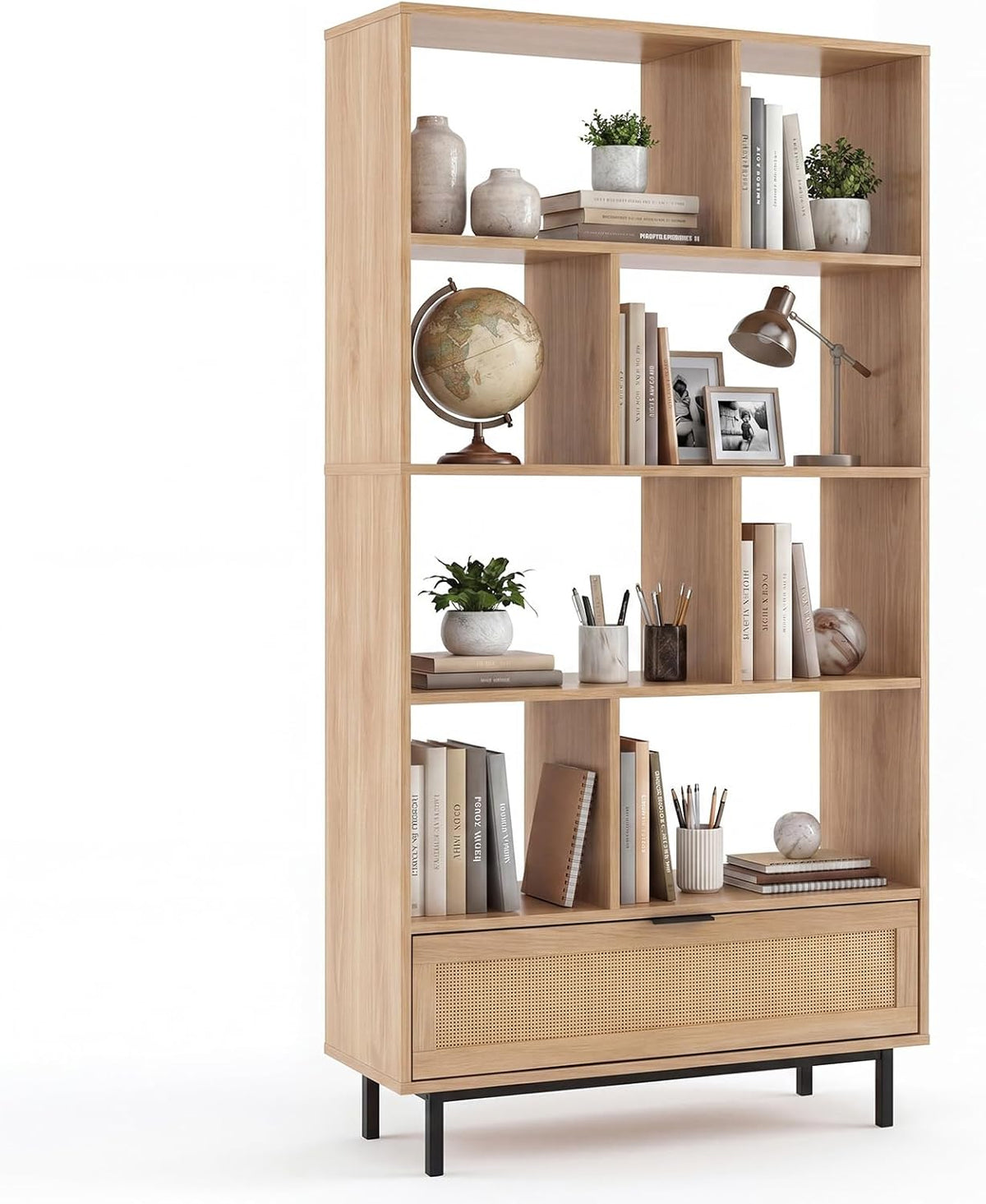 Goflame 64" Tall 6-Tier Wood Bookshelf with Rattan Drawer