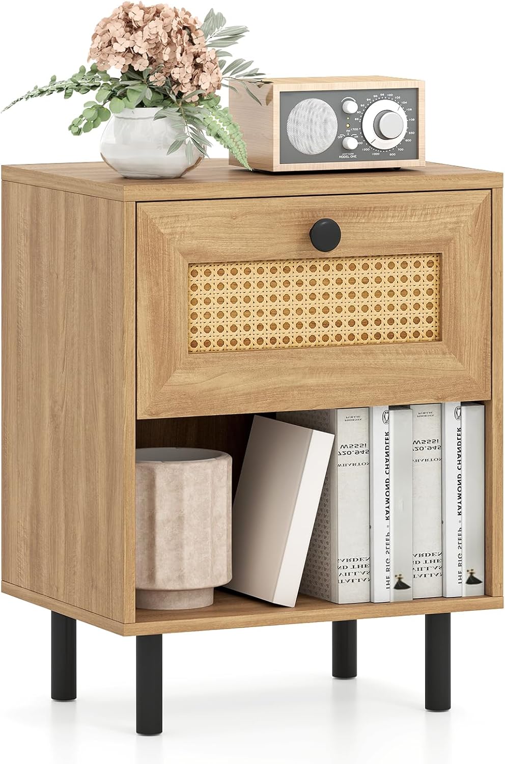 Goflame Rattan Nightstand Boho End Table with Rattan Drawer and Open Shelf