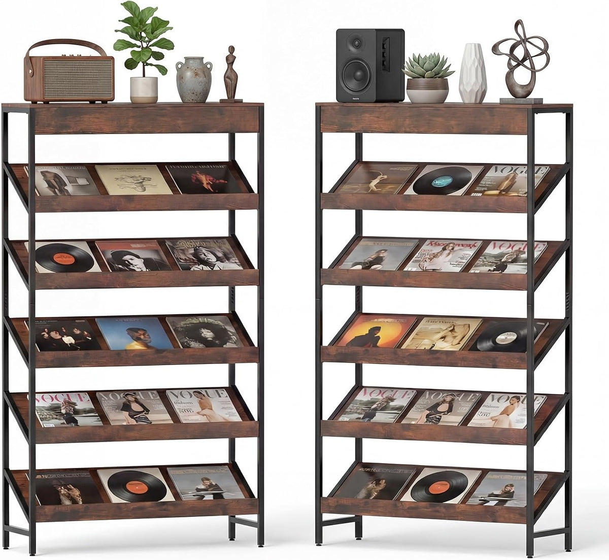 Goflame 6-Tier Industrial Tall Bookcase with Angled Shelves and Metal Frame